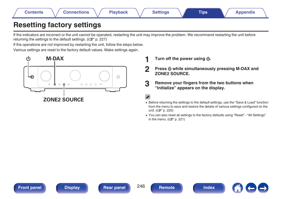 Resetting factory settings, Factory settings | Marantz CINEMA 70s 7.2-Channel Network A/V Receiver User Manual | Page 246 / 284