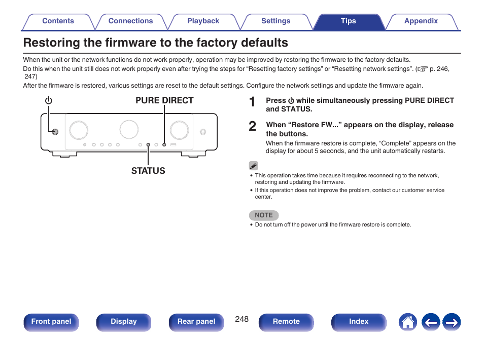 Restoring the firmware to the factory defaults | Marantz CINEMA 70s 7.2-Channel Network A/V Receiver User Manual | Page 248 / 284