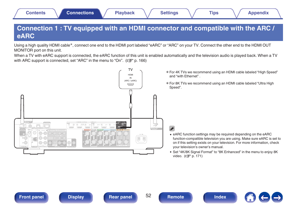 Compatible with the arc / earc, P. 52), Connection 1 : tv equipped with an hdmi | Connector and compatible with the arc, Earc | Marantz CINEMA 70s 7.2-Channel Network A/V Receiver User Manual | Page 52 / 284