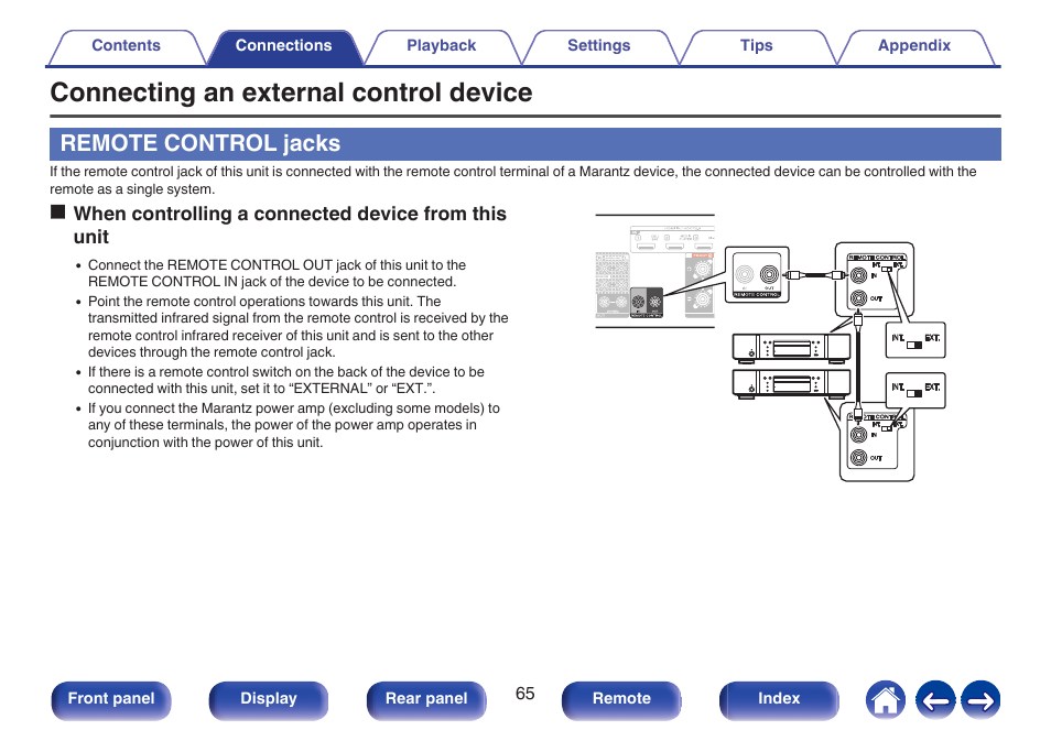 Connecting an external control device, Remote control jacks, Unit and external devices from a different room | P. 65) | Marantz CINEMA 70s 7.2-Channel Network A/V Receiver User Manual | Page 65 / 284