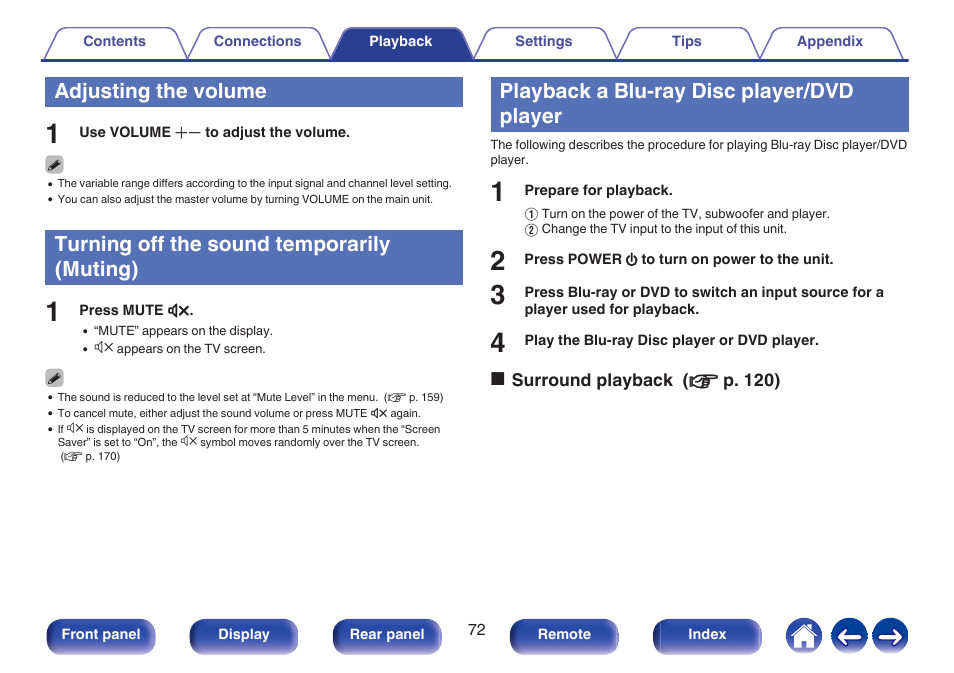 Adjusting the volume, Turning off the sound temporarily (muting), Playback a blu-ray disc player/dvd player | P. 72) | Marantz CINEMA 70s 7.2-Channel Network A/V Receiver User Manual | Page 72 / 284