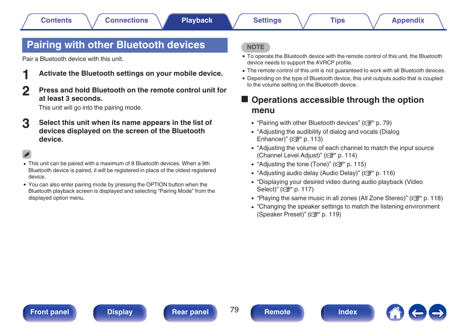 Pairing with other bluetooth devices, Ooperations accessible through the option menu | Marantz CINEMA 70s 7.2-Channel Network A/V Receiver User Manual | Page 79 / 284