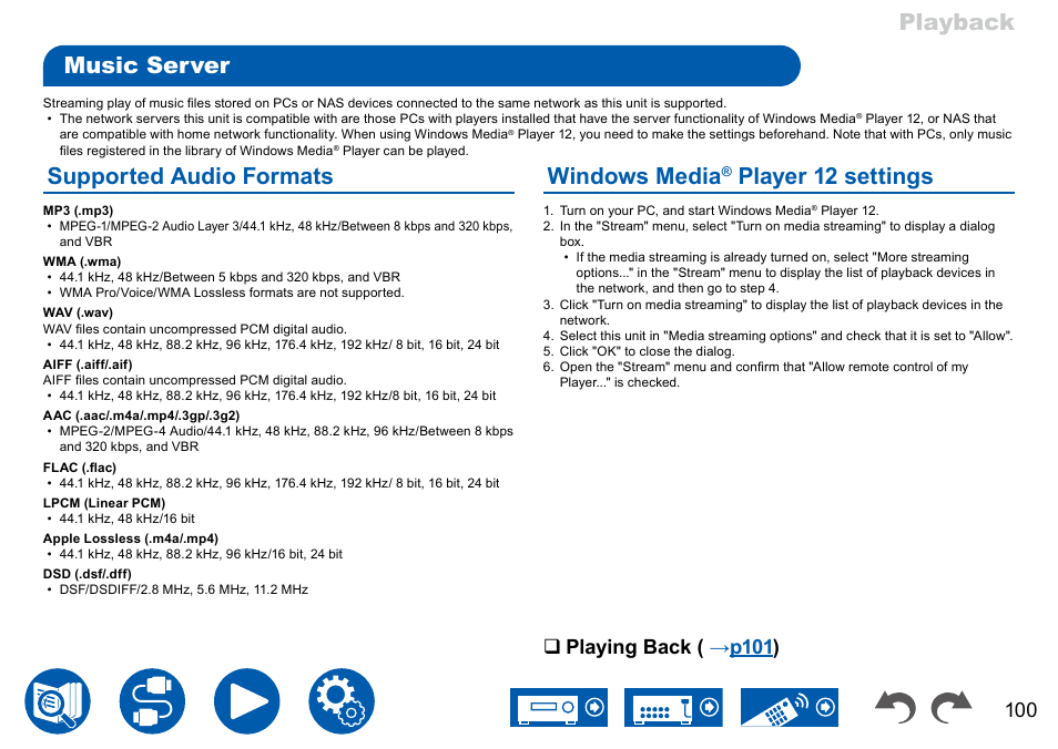 Music server, Supported audio formats, Windows media® player 12 settings | Windows media, Player 12 settings, P100, Playback music server, Playing bac k ( → p101 ) | Onkyo TX-NR7100 9.2-Channel THX-Certified Network AV Receiver User Manual | Page 100 / 191