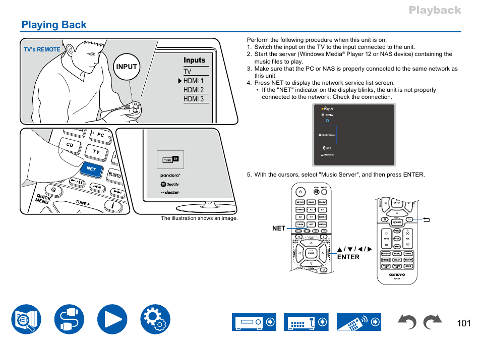 Playing back, P101, Playback playing back | Onkyo TX-NR7100 9.2-Channel THX-Certified Network AV Receiver User Manual | Page 101 / 191