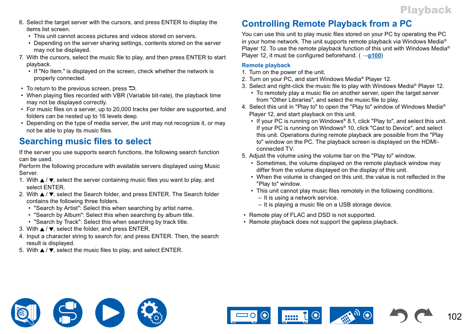 Playback, Searching music files to select, Controlling remote playback from a pc | Onkyo TX-NR7100 9.2-Channel THX-Certified Network AV Receiver User Manual | Page 102 / 191