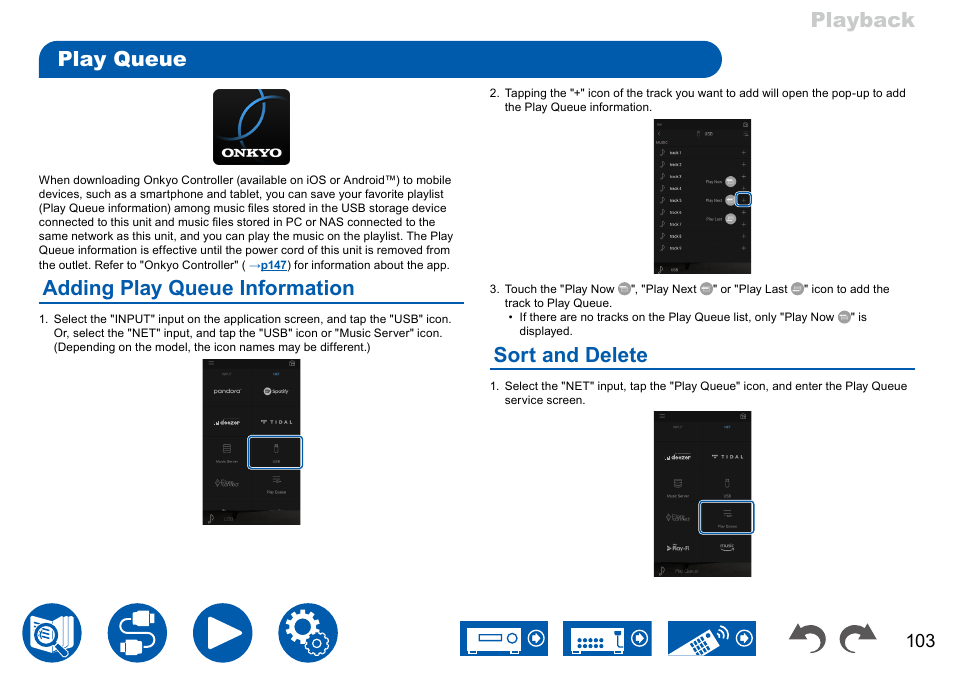 Play queue, Adding play queue information, Sort and delete | Playback play queue | Onkyo TX-NR7100 9.2-Channel THX-Certified Network AV Receiver User Manual | Page 103 / 191