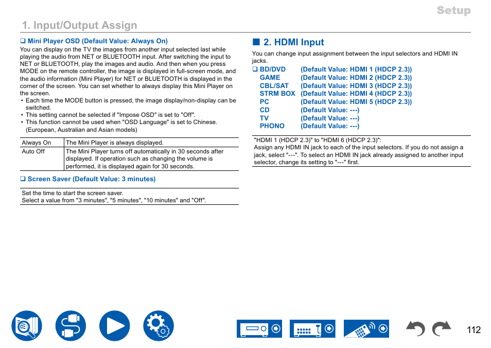 P112, Setup, Setup 1. input/output assign | Hdmi input | Onkyo TX-NR7100 9.2-Channel THX-Certified Network AV Receiver User Manual | Page 112 / 191