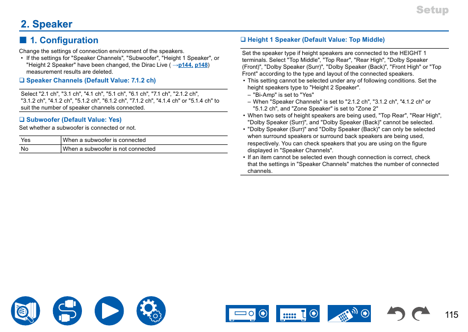 Speaker, Setup, Setup 2. speaker 2. speaker | Configuration | Onkyo TX-NR7100 9.2-Channel THX-Certified Network AV Receiver User Manual | Page 115 / 191