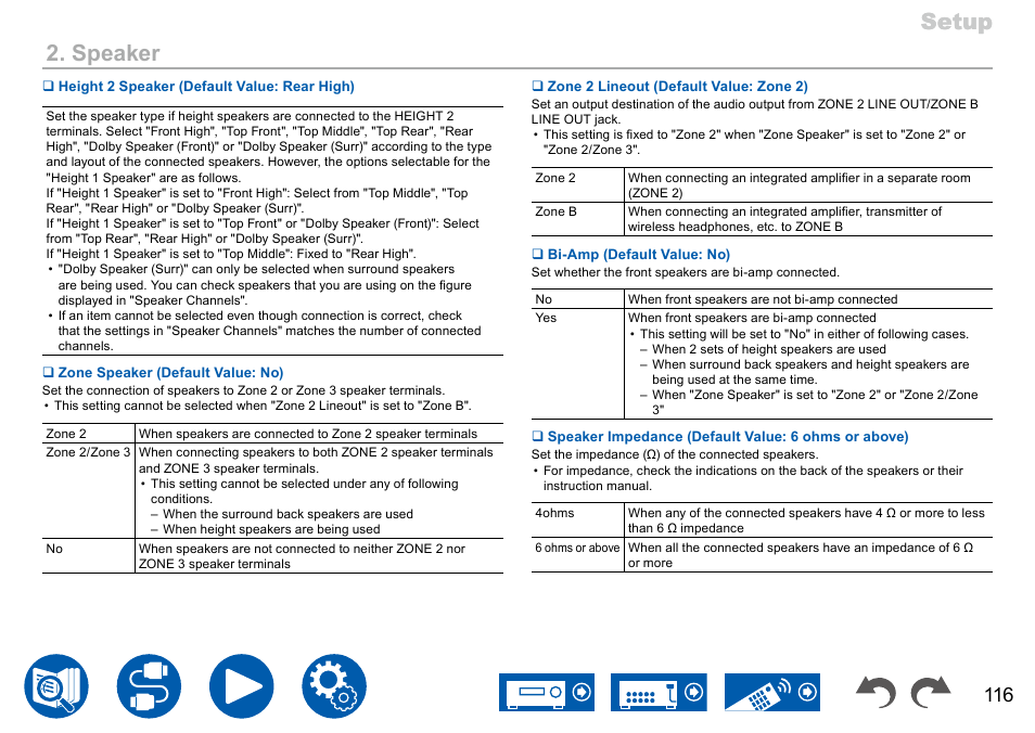 P116, Setup, Setup 2. speaker | Onkyo TX-NR7100 9.2-Channel THX-Certified Network AV Receiver User Manual | Page 116 / 191