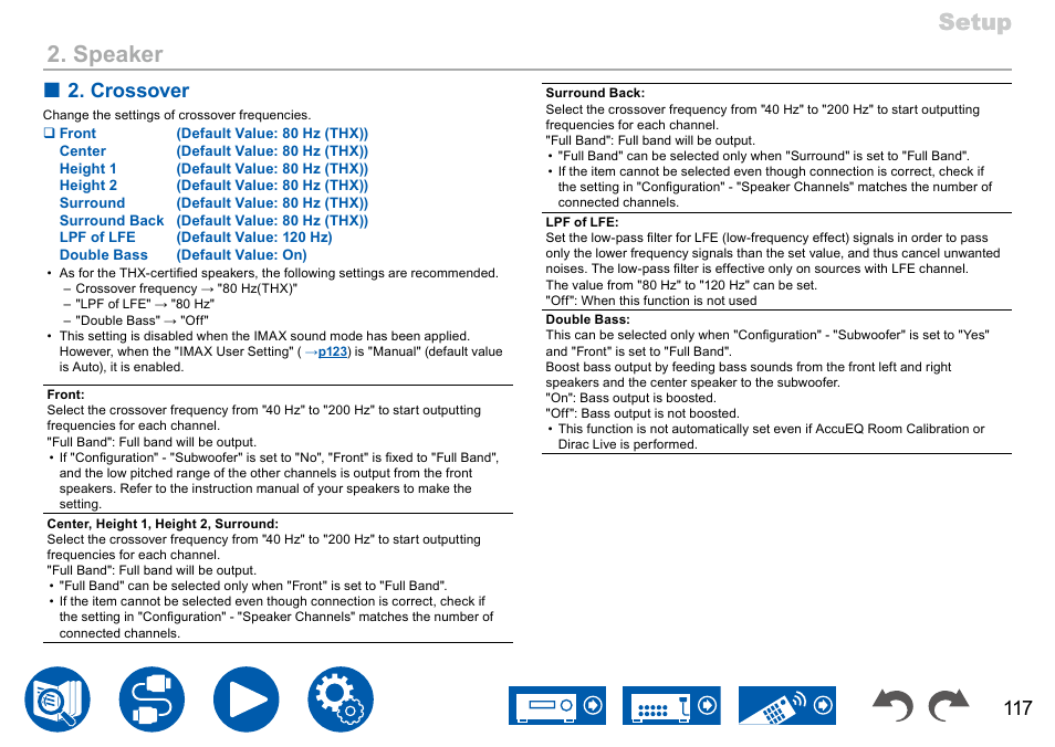 Setup, Setup 2. speaker, Crossover | Onkyo TX-NR7100 9.2-Channel THX-Certified Network AV Receiver User Manual | Page 117 / 191