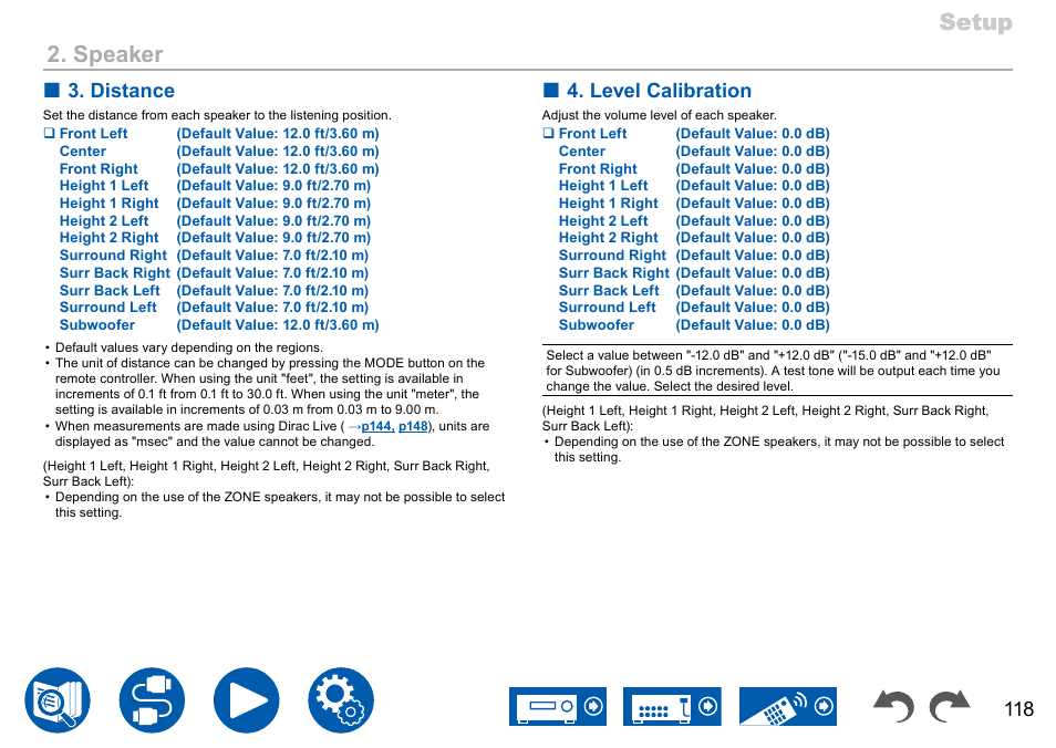 P118, Setup, Setup 2. speaker | Distance, Level calibration | Onkyo TX-NR7100 9.2-Channel THX-Certified Network AV Receiver User Manual | Page 118 / 191