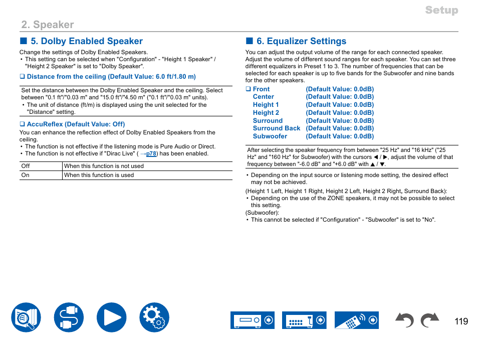 P119, Setup, Setup 2. speaker | Dolby enabled speaker, Equalizer settings | Onkyo TX-NR7100 9.2-Channel THX-Certified Network AV Receiver User Manual | Page 119 / 191