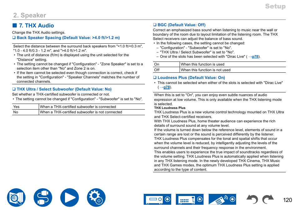 P120, Setup, Setup 2. speaker | Thx audio | Onkyo TX-NR7100 9.2-Channel THX-Certified Network AV Receiver User Manual | Page 120 / 191