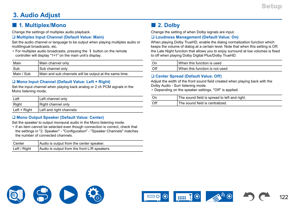 Audio adjust, P122, Setup | Setup 3. audio adjust 3. audio adjust, Multiplex/mono, Dolby | Onkyo TX-NR7100 9.2-Channel THX-Certified Network AV Receiver User Manual | Page 122 / 191