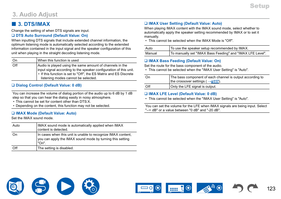 P123, Setup, Setup 3. audio adjust | Dts/imax | Onkyo TX-NR7100 9.2-Channel THX-Certified Network AV Receiver User Manual | Page 123 / 191