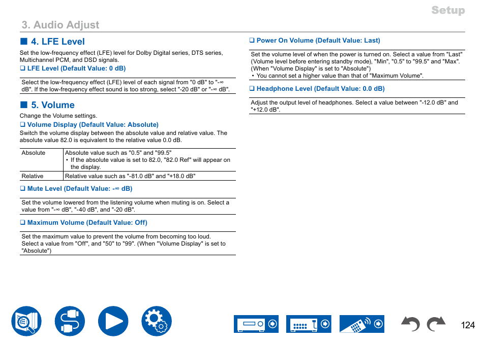 P124, Setup, Setup 3. audio adjust | Lfe level, Volume | Onkyo TX-NR7100 9.2-Channel THX-Certified Network AV Receiver User Manual | Page 124 / 191