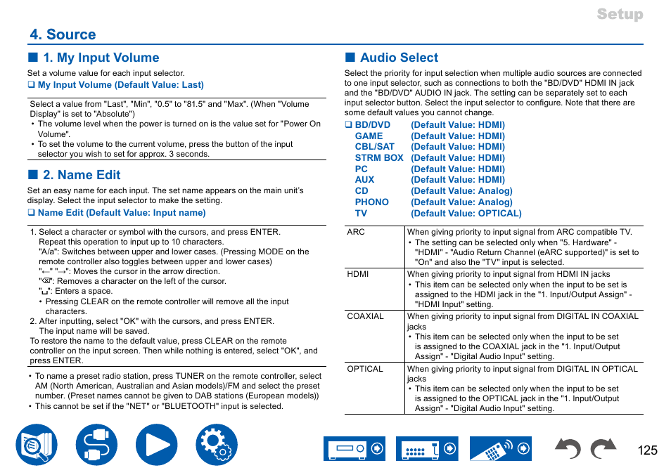 Source, P125, Setup | Setup 4. source 4. source, My input volume, Name edit, Audio select | Onkyo TX-NR7100 9.2-Channel THX-Certified Network AV Receiver User Manual | Page 125 / 191