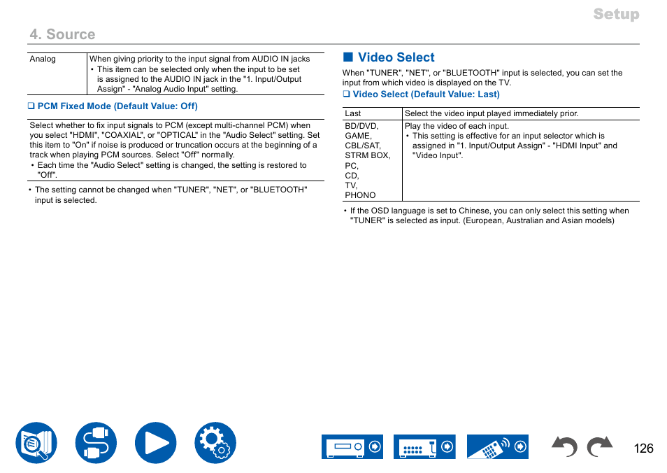 P126, Setup, Setup 4. source | Video select | Onkyo TX-NR7100 9.2-Channel THX-Certified Network AV Receiver User Manual | Page 126 / 191