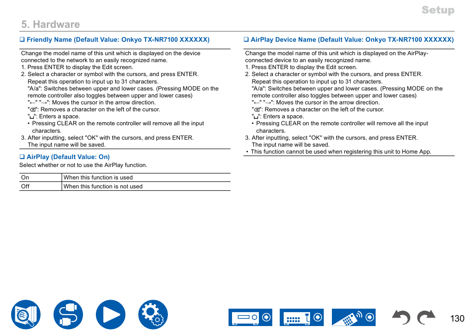 P130, Setup, Setup 5. hardware | Onkyo TX-NR7100 9.2-Channel THX-Certified Network AV Receiver User Manual | Page 130 / 191