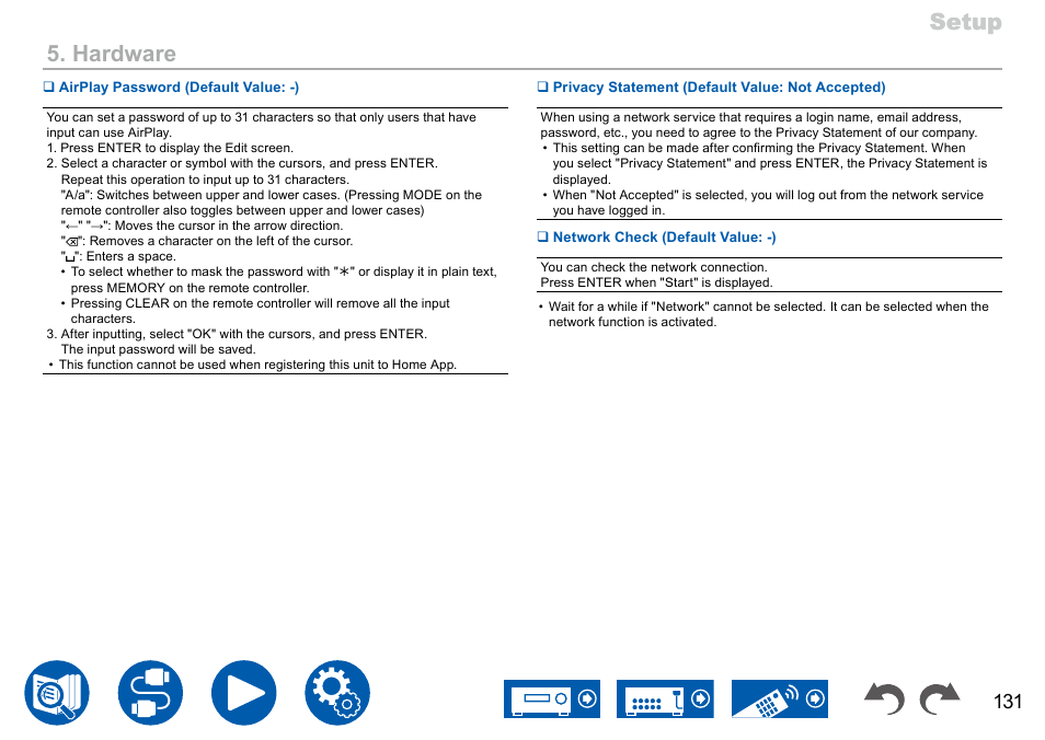 Setup, Setup 5. hardware | Onkyo TX-NR7100 9.2-Channel THX-Certified Network AV Receiver User Manual | Page 131 / 191