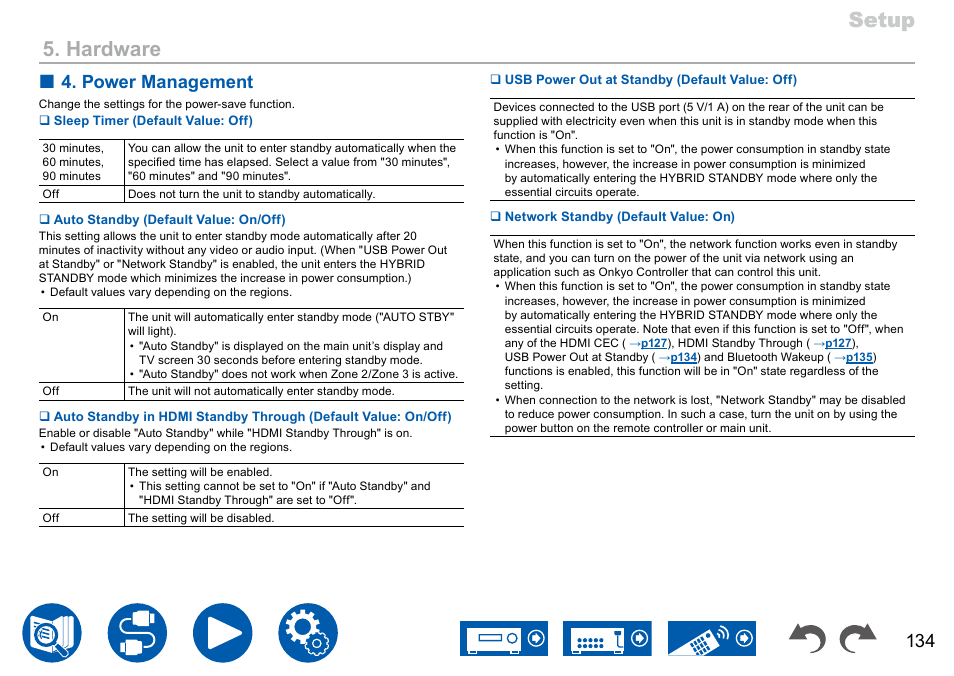 P134, Setup, Setup 5. hardware | Power management | Onkyo TX-NR7100 9.2-Channel THX-Certified Network AV Receiver User Manual | Page 134 / 191