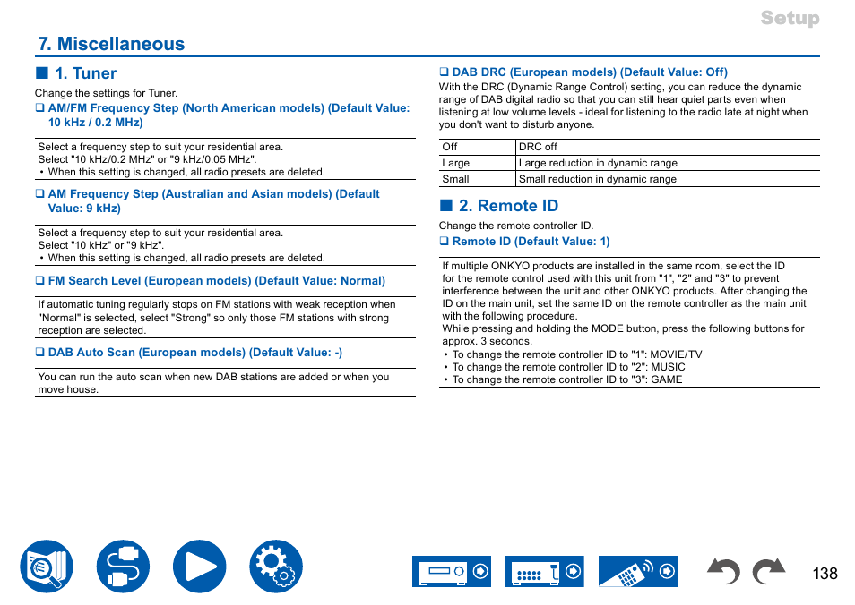 Miscellaneous, Setup, Setup 7. miscellaneous 7. miscellaneous | Tuner, Remote id | Onkyo TX-NR7100 9.2-Channel THX-Certified Network AV Receiver User Manual | Page 138 / 191