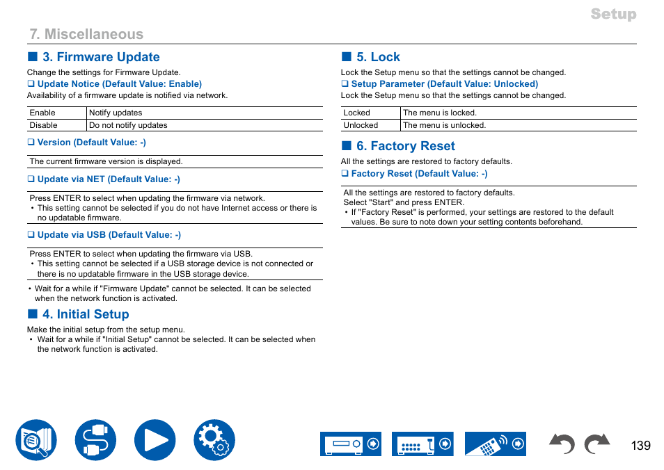 P139, Setup, Setup 7. miscellaneous | Firmware update, Initial setup, Lock, Factory reset | Onkyo TX-NR7100 9.2-Channel THX-Certified Network AV Receiver User Manual | Page 139 / 191