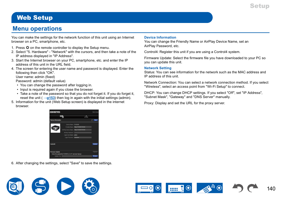 Web setup, Menu operations, Setup web setup menu operations | Onkyo TX-NR7100 9.2-Channel THX-Certified Network AV Receiver User Manual | Page 140 / 191