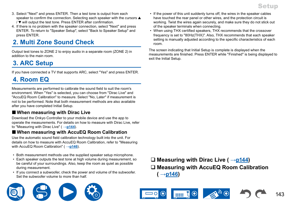 Multi zone sound check, Arc setup, Room eq | Setup | Onkyo TX-NR7100 9.2-Channel THX-Certified Network AV Receiver User Manual | Page 143 / 191