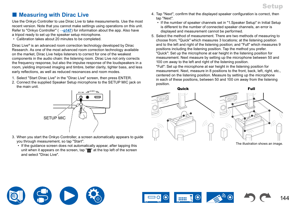 P144, O "measuring with dirac live, Setup | Measuring with dirac live | Onkyo TX-NR7100 9.2-Channel THX-Certified Network AV Receiver User Manual | Page 144 / 191