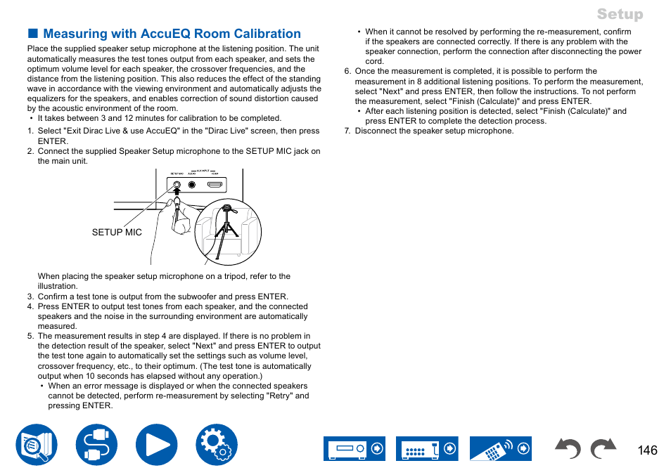 O "measuring, With accueq room calibration, P146 | Setup, Measuring with accueq room calibration | Onkyo TX-NR7100 9.2-Channel THX-Certified Network AV Receiver User Manual | Page 146 / 191