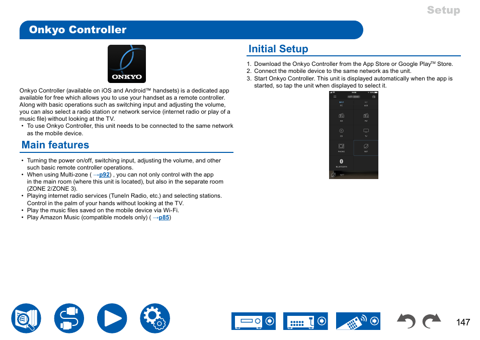 Onkyo controller, Main features, Initial setup | P147, O "onkyo controller, Setup | Onkyo TX-NR7100 9.2-Channel THX-Certified Network AV Receiver User Manual | Page 147 / 191