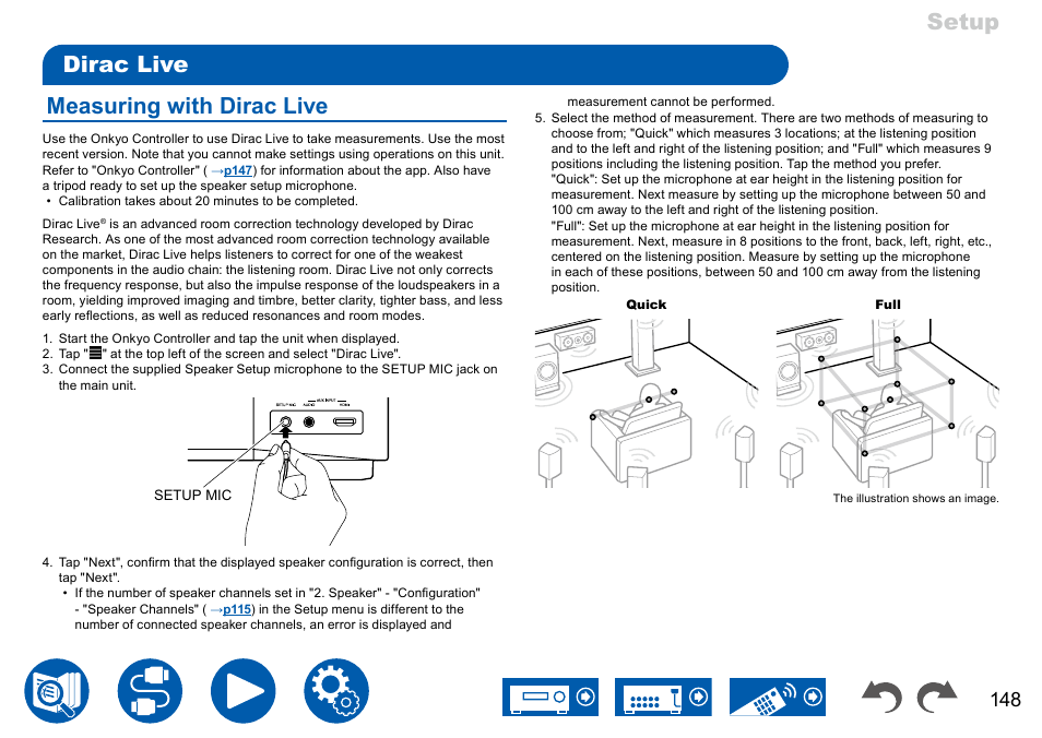 Dirac live, Measuring with dirac live, P148 | Dirac live 148, Setup dirac live measuring with dirac live | Onkyo TX-NR7100 9.2-Channel THX-Certified Network AV Receiver User Manual | Page 148 / 191