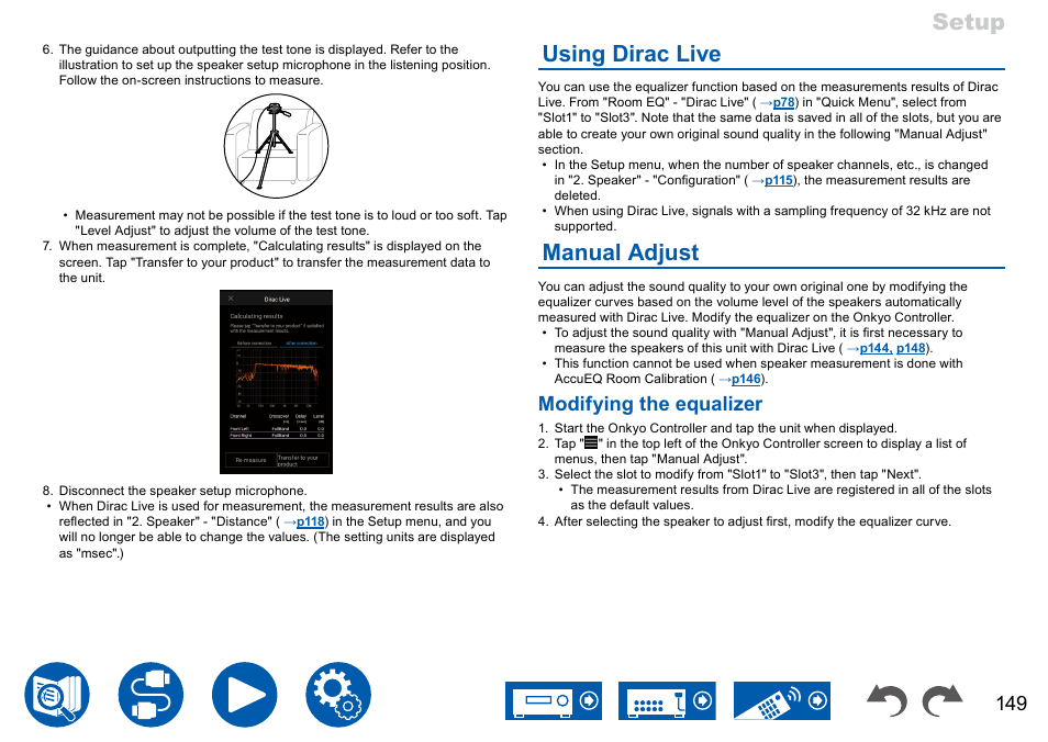 Using dirac live, Manual adjust, P149 | Setup, Modifying the equalizer | Onkyo TX-NR7100 9.2-Channel THX-Certified Network AV Receiver User Manual | Page 149 / 191