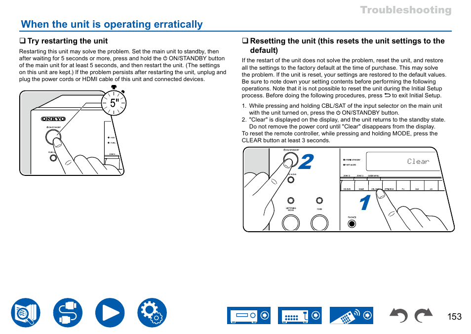 When the unit is operating erratically, P153, Try restarting the unit | Default) 153 | Onkyo TX-NR7100 9.2-Channel THX-Certified Network AV Receiver User Manual | Page 153 / 191