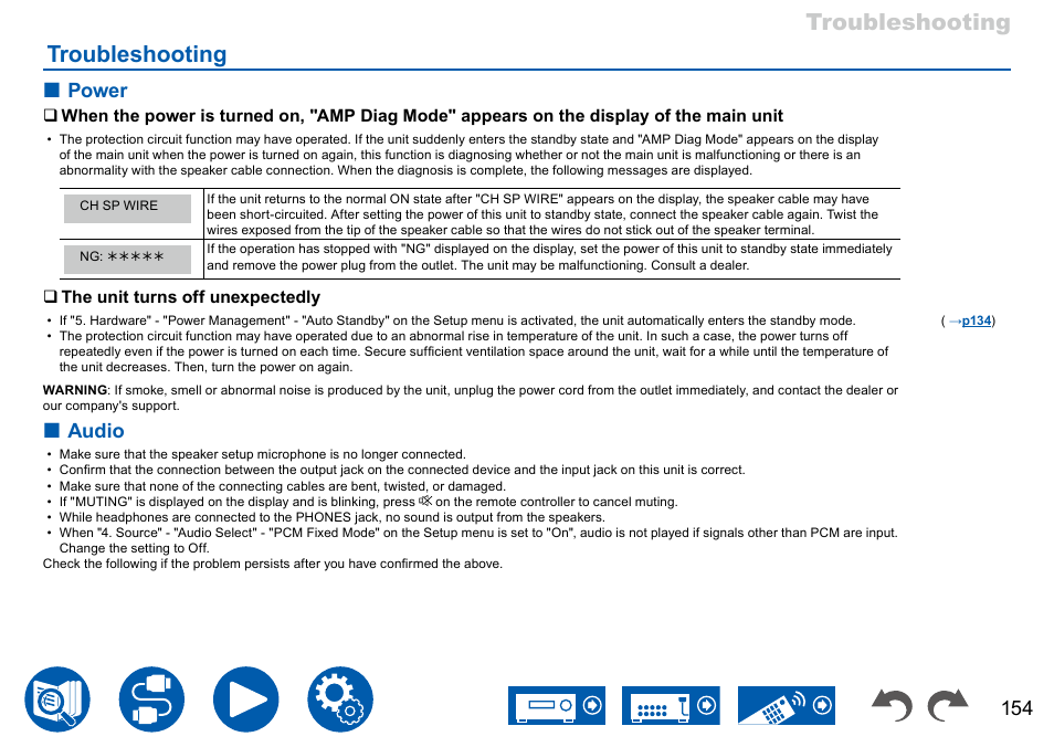 Troubleshooting, Troubleshooting 154, Power 154 | Audio 154, Power, Audio | Onkyo TX-NR7100 9.2-Channel THX-Certified Network AV Receiver User Manual | Page 154 / 191