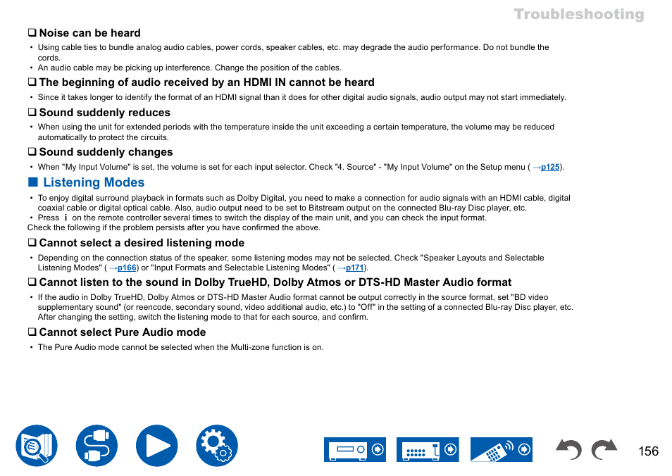 Listening modes, Troubleshooting | Onkyo TX-NR7100 9.2-Channel THX-Certified Network AV Receiver User Manual | Page 156 / 191