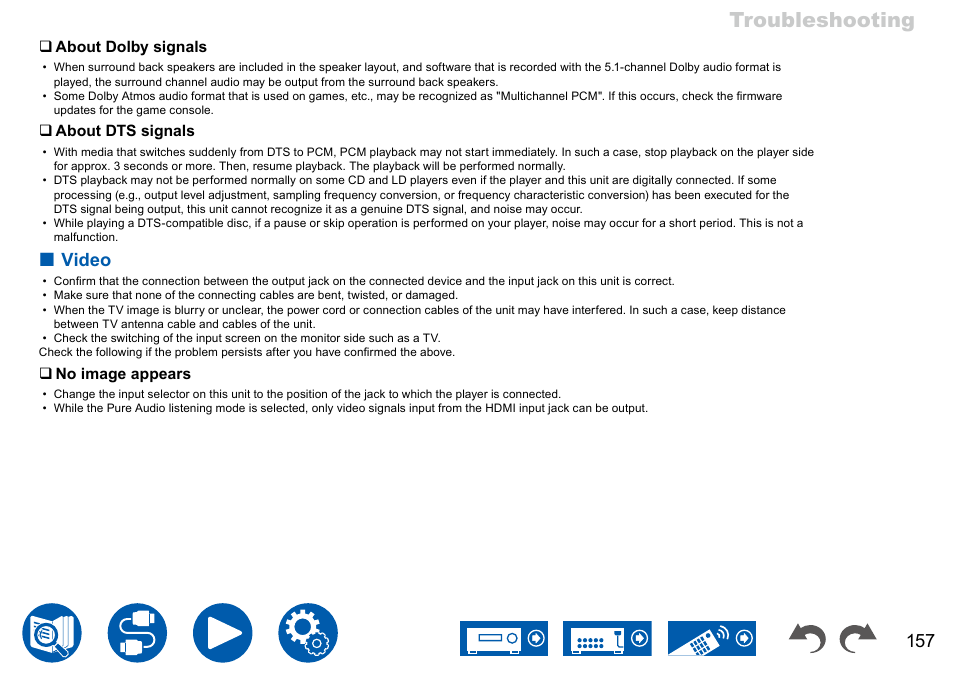 Video 157, Troubleshooting, Video | Onkyo TX-NR7100 9.2-Channel THX-Certified Network AV Receiver User Manual | Page 157 / 191