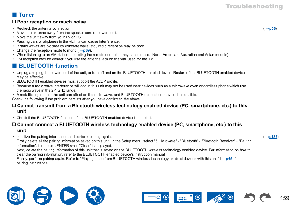 P159, Tuner 159, Bluetooth function | Troubleshooting, Tuner | Onkyo TX-NR7100 9.2-Channel THX-Certified Network AV Receiver User Manual | Page 159 / 191