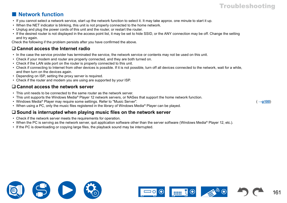 Network function, Troubleshooting, Cannot access the internet radio | Cannot access the network server | Onkyo TX-NR7100 9.2-Channel THX-Certified Network AV Receiver User Manual | Page 161 / 191