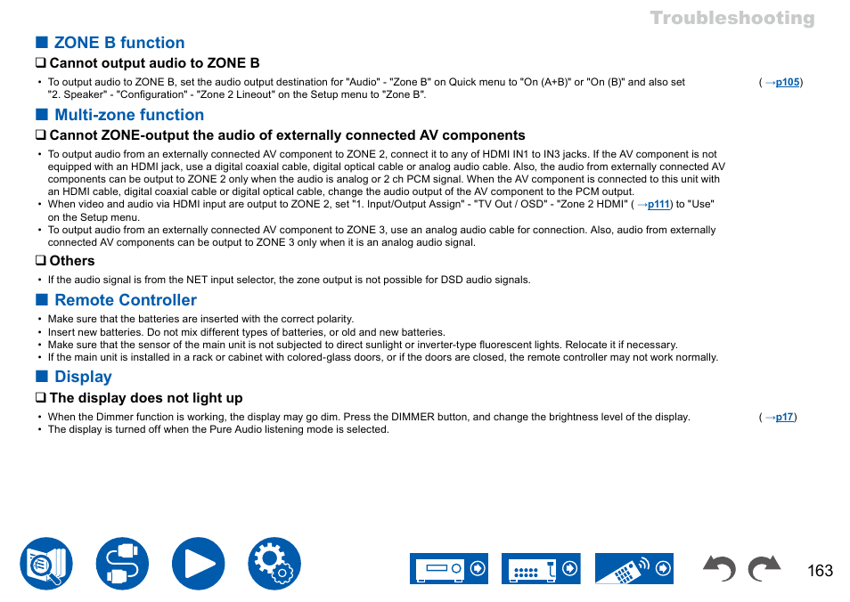 Zone b function, Multi-zone function, Remote controller | Display 163, Troubleshooting, Display | Onkyo TX-NR7100 9.2-Channel THX-Certified Network AV Receiver User Manual | Page 163 / 191