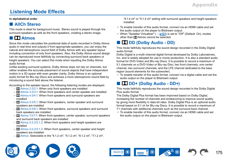 Listening mode effects, O "listening mode effects, P175 | Appendix listening mode effects, Allch stereo, Atmos, Dd (dolby audio - dd), Dd+ (dolby audio - dd+) | Onkyo TX-NR7100 9.2-Channel THX-Certified Network AV Receiver User Manual | Page 175 / 191