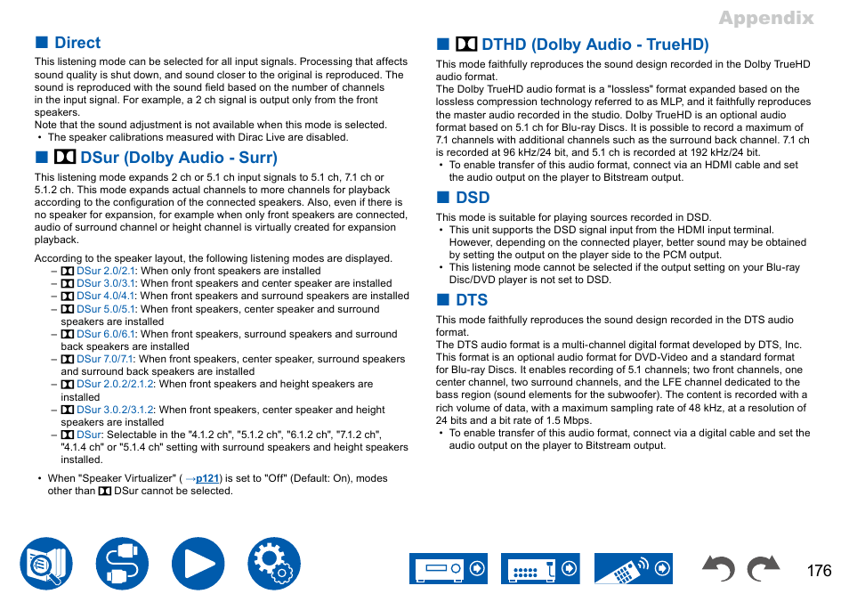 Appendix, Direct, Dsur (dolby audio - surr) | Dthd (dolby audio - truehd) | Onkyo TX-NR7100 9.2-Channel THX-Certified Network AV Receiver User Manual | Page 176 / 191