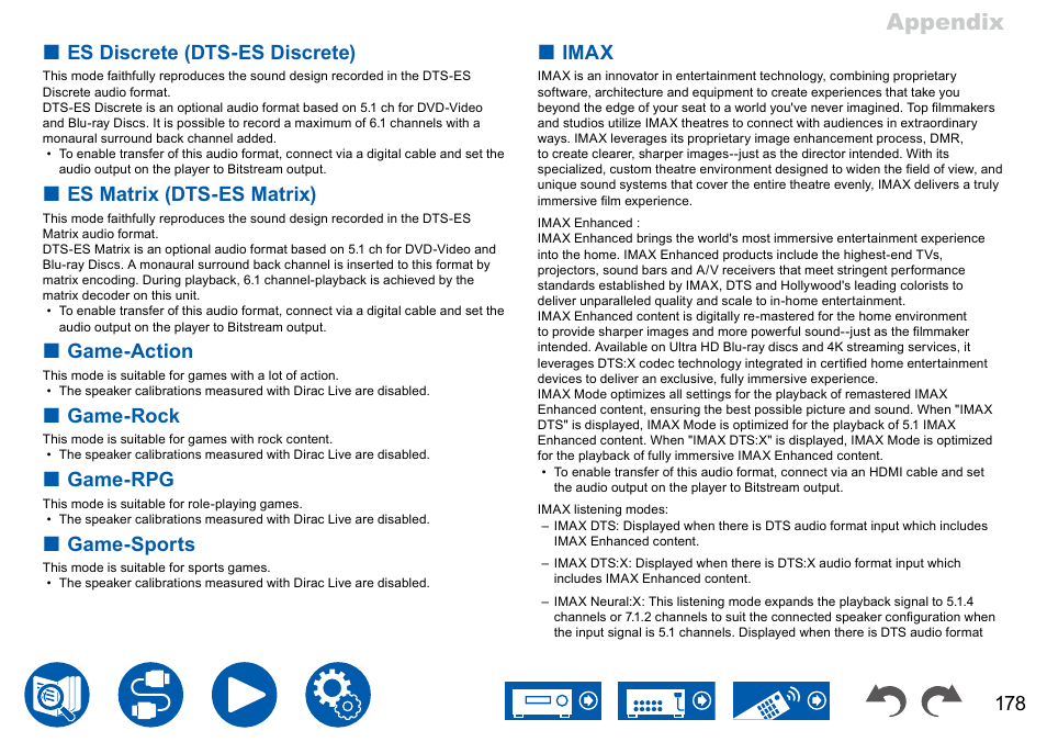 Appendix, Es discrete (dts-es discrete), Es matrix (dts-es matrix) | Game-action, Game-rock, Game-rpg, Game-sports, Imax | Onkyo TX-NR7100 9.2-Channel THX-Certified Network AV Receiver User Manual | Page 178 / 191