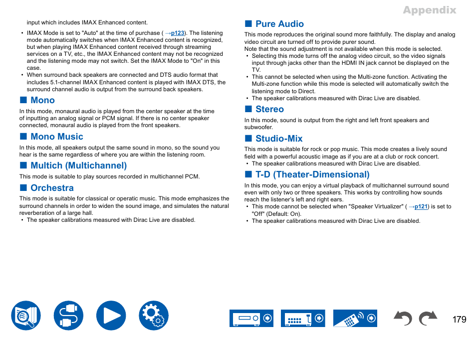 P179, Appendix, Mono | Mono music, Multich (multichannel), Orchestra, Pure audio, Stereo, Studio-mix, T-d (theater-dimensional) | Onkyo TX-NR7100 9.2-Channel THX-Certified Network AV Receiver User Manual | Page 179 / 191