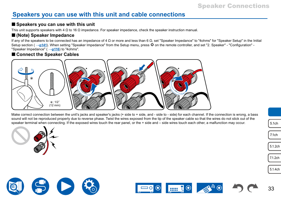 Speakers you can use with this unit and cable, Connections 33 | Onkyo TX-NR7100 9.2-Channel THX-Certified Network AV Receiver User Manual | Page 33 / 191