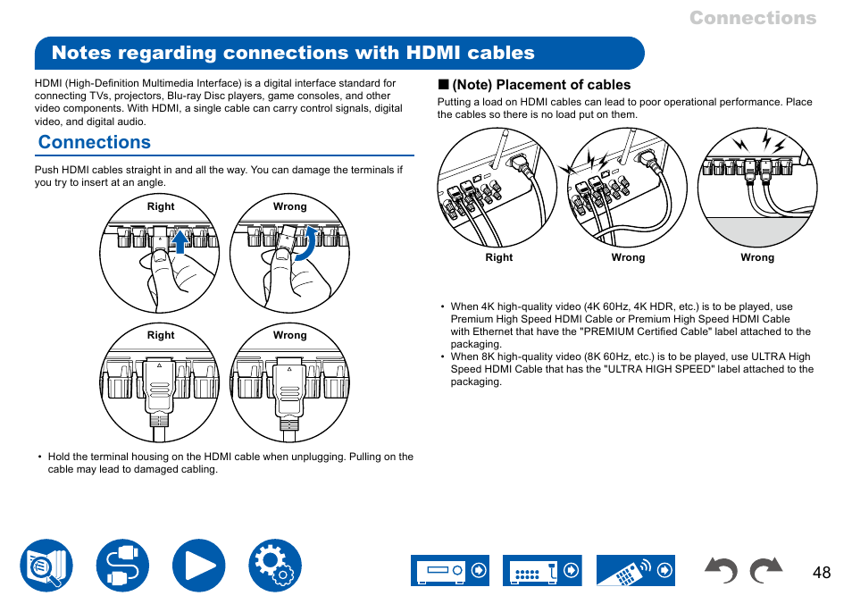 Notes regarding connections with hdmi cables, Connections | Onkyo TX-NR7100 9.2-Channel THX-Certified Network AV Receiver User Manual | Page 48 / 191