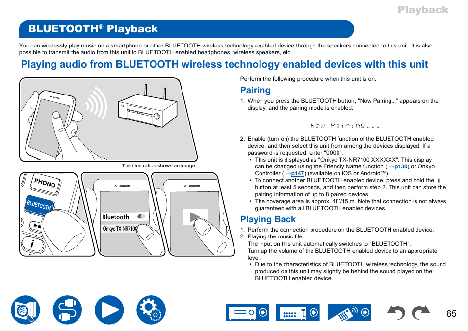 Bluetooth® playback, Bluetooth, Playback | Playing audio from bluetooth wireless technology, Enabled devices with this unit, Playback bluetooth, Pairing, Playing back | Onkyo TX-NR7100 9.2-Channel THX-Certified Network AV Receiver User Manual | Page 65 / 191