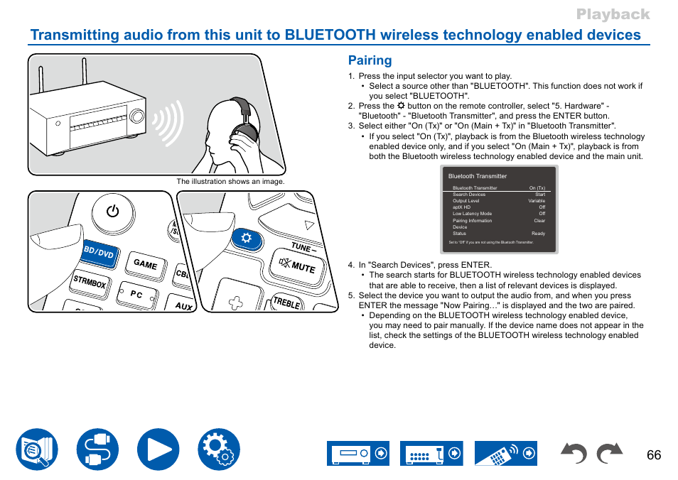 Transmitting audio from this unit to bluetooth, Wireless technology enabled devices, Pairing | Onkyo TX-NR7100 9.2-Channel THX-Certified Network AV Receiver User Manual | Page 66 / 191