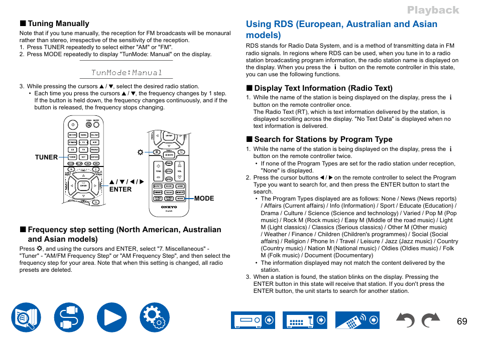 R "tuning, Manually, Playback | Using rds (european, australian and asian models) | Onkyo TX-NR7100 9.2-Channel THX-Certified Network AV Receiver User Manual | Page 69 / 191